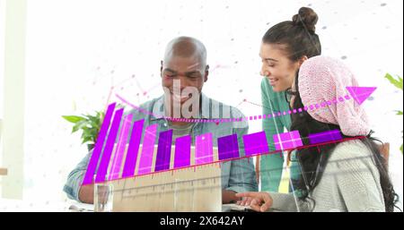 Image of statistical data processing over diverse colleagues discussing over a laptop at office Stock Photo