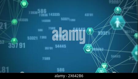 Image of connected icons globes and changing numbers over blue background Stock Photo