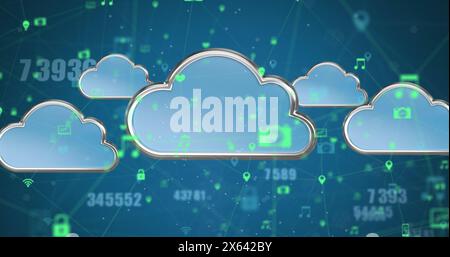 Image of clouds, changing numbers and connected icons over blue background Stock Photo