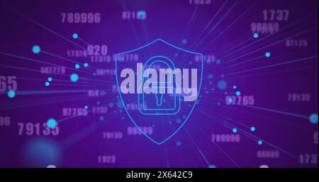 Image of dots around padlock in shield and changing numbers over blue background Stock Photo