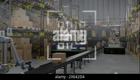 Image of qr code and data processing over warehouse Stock Photo