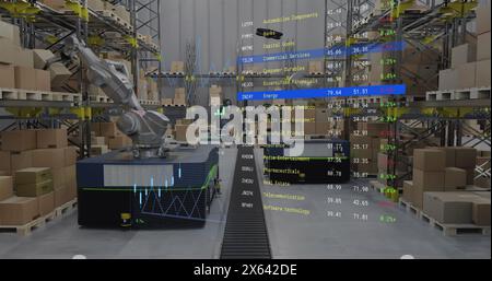 Image of screen with data processing over warehouse Stock Photo