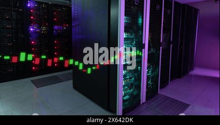 Image of bar graphs over illuminated data server systems in server room Stock Photo