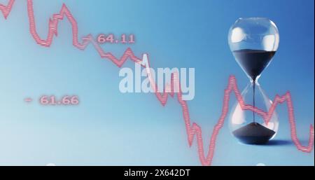 Image of red line and financial data processing over hourglass Stock Photo