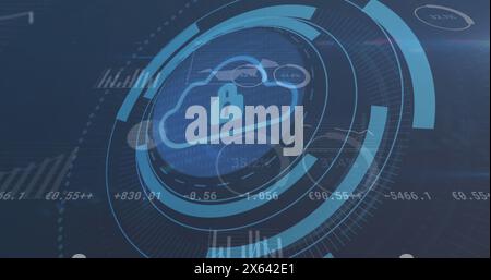Image of cloud icon and security padlock icon over statistical and stock market data processing Stock Photo
