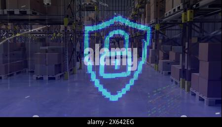Image of shield with padlock and data processing over warehouse Stock Photo