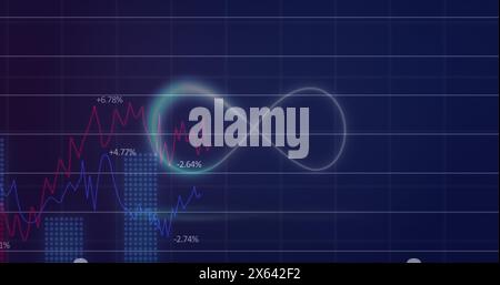 Image of neon infinity symbol over statistical data processing against blue background Stock Photo