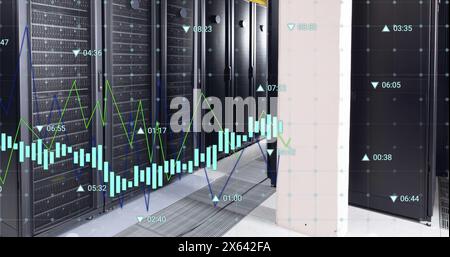 Image of graphs and changing numbers over data server room Stock Photo