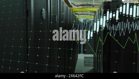 Image of multiple graphs with changing numbers over data server room Stock Photo
