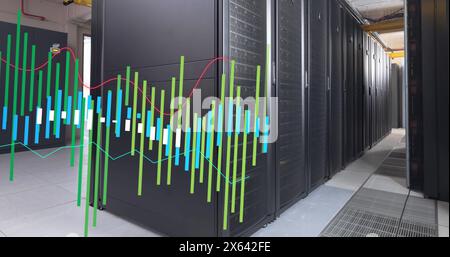 Server Rack Graph Image of multicolored graphs over data server racks in big server room ...