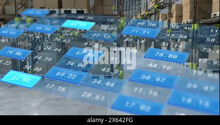 Image of financial data processing over warehouse Stock Photo