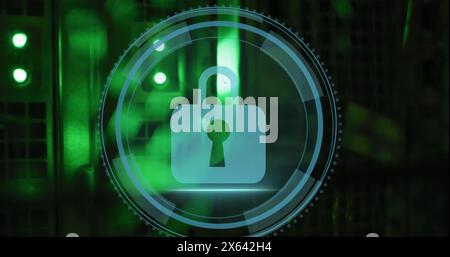 Image of cyber security text and security padlock icon on round scanner against server room Stock Photo