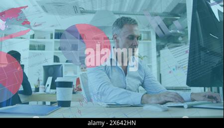 Image of statistical data processing against thoughtful caucasian man using computer at office Stock Photo