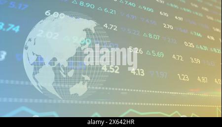 Image of changing numbers with graphs and globe moving on abstract background Stock Photo