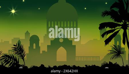 Image of silhouetted buildings and palm trees standing against green background Stock Photo