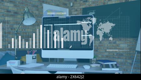 Image of graphs, loading bars and map over programming language in computer on desk in office Stock Photo