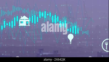 Image of multiple digital icons and data processing against aerial view of cityscape Stock Photo
