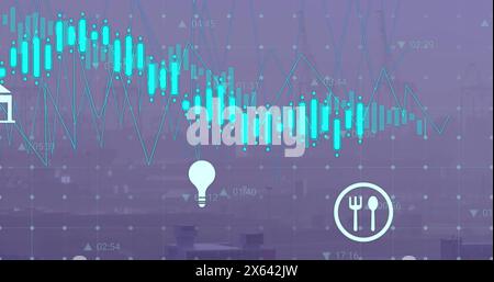 Image of multiple digital icons and data processing against aerial view of cityscape Stock Photo