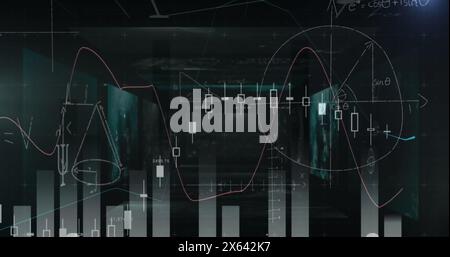 Image of mathematical equations and bar graphs against screens with data processing Stock Photo