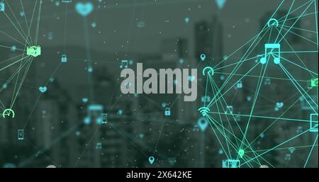 Image of globes of digital icons spinning against aerial view of cityscape Stock Photo