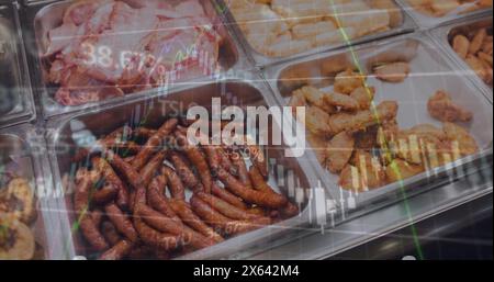 Image of graphs and qr scan code over fresh food in containers for sale at store Stock Photo