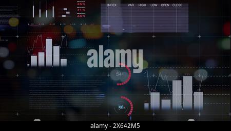 Image of various colorful graphs and charts are displaying financial data on dark background Stock Photo