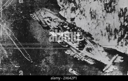 British aerial reconnaissance photo of the German battleship Tirpitz in Trondheim Fjord. Stock Photo