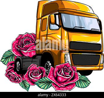 Semi truck silhouette vector images isolated on white background. digital hand draw Stock Vector