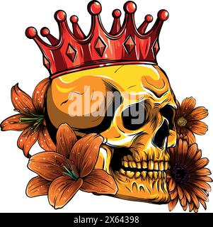 vector illustration skull wearing a king crown on white background. Stock Vector