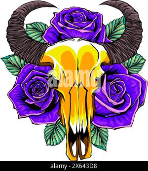 Bull skull decorated with foliage and flowers. Vector illustration on white background Stock Vector