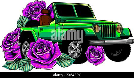 Vintage car with flowers. Vector illustration on white background Stock Vector
