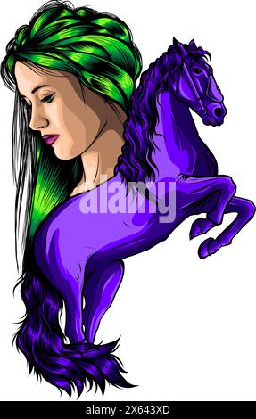 beautiful cowgirl woman wearing cowboy hat with horse head vector outline portrait Stock Vector