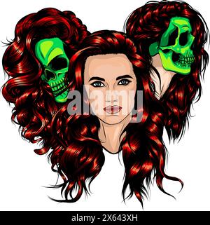 Girl with skull vector sketch. Santa muerte women witch portrait stock illustration Stock Vector