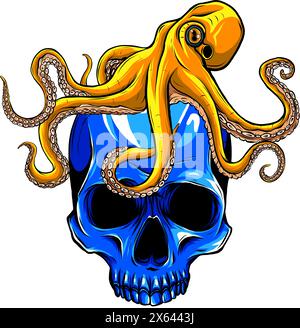 vector illustration of green kraken with red skull on white background. digital draw Stock Vector
