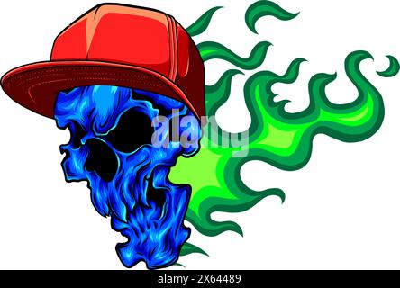 illustration of red Skull with yellow hat and blue fire vector logo design on white background. digital draw Stock Vector