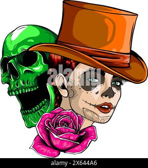 vector Skull with beautiful woman and flower rose in vintage style isolated on white background. vector illustration Stock Vector