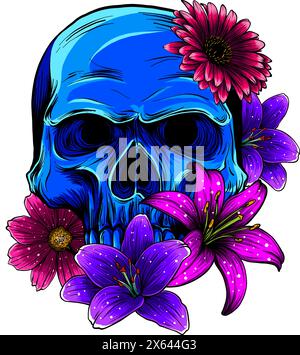 vector illustration of red Skull with beautiful flower roses in vintage style isolated on white background. digital draw Stock Vector