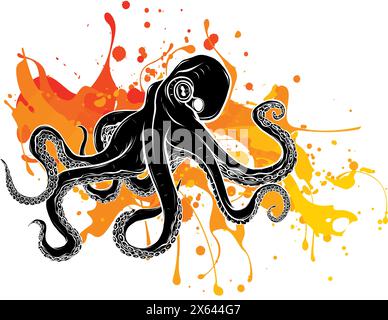 vector illustration of octopus with wave on white background Stock Vector