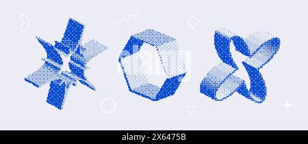 Bitmap textured shape set. Dither halftone objects collection. Blue 3d flower, star, hexagon elements for banner, poster, leaflet. Abstract pixelated raster effect bundle. Vector pack Stock Vector