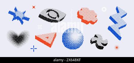 Bitmap shape set. Dither halftone geometric object collection. Pixelated eye, flower, heart, sphere, zigzag, star elements for banner, poster, leaflet. Pixel 3d raster effect bundle. Vector pack Stock Vector