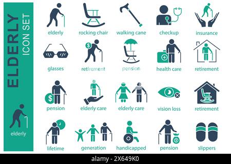 elderly icon set. elderly care, pension, vision loss and more. solid icon style. old age element vector illustration Stock Vector