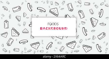 seamless food pattern with modern icon black and white outline. food, pizza, burgers, drinks, sauces and sandwiches, vector background Stock Vector