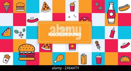 Geometric mosaic food banner. foods and drink pattern, simple restaurant menu design. Vector background Stock Vector