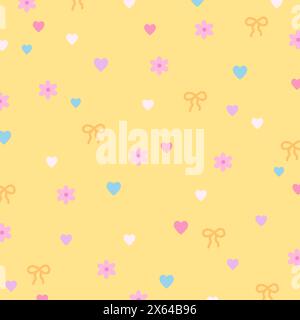 Illustration of heart, ribbons, flowers on a pastel yellow background for floral print, girly pattern, kid clothes, gift wrap, packaging, fabric, ads Stock Vector
