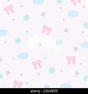 Illustration of pink ribbon, cloud, flower, star for girly pattern, kid clothes, gift wrap, packaging, background, fabric print, wallpaper, backdrop Stock Vector
