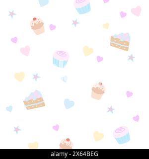 Illustration of cake, cupcake, heart, star for sweet dessert, birthday card, party, gift wrap, packaging, background, fabric, wallpaper, backdrop Stock Vector