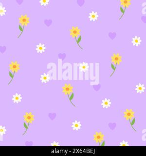 Illustration of daisy flowers, sunflowers, heart on a pastel purple background for floral print, girly pattern, kid clothes, gift wrap, packaging Stock Vector