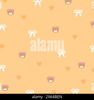 Illustration of teddy bear, ribbon, heart on pastel orange background for fabric, animal print, wallpaper, backdrop, kid cloth, picnic, spring, summer Stock Vector