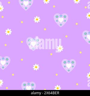 Illustration of flower, heart on pastel purple background for floral print, girly pattern, kid clothes, dress, gift wrap, packaging, fabric, wallpaper Stock Vector