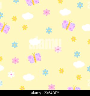 Illustration of butterfly, flower, cloud on a pastel yellow background for fabric, floral print, wallpaper, backdrop, kid clothes, picnic, summer Stock Vector